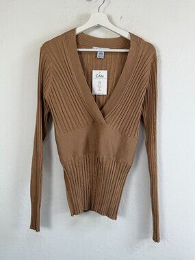 Cabi Ribbed V-Neck Sweater Camel Tan Silk Blend Surplice Knit Pullover XL New